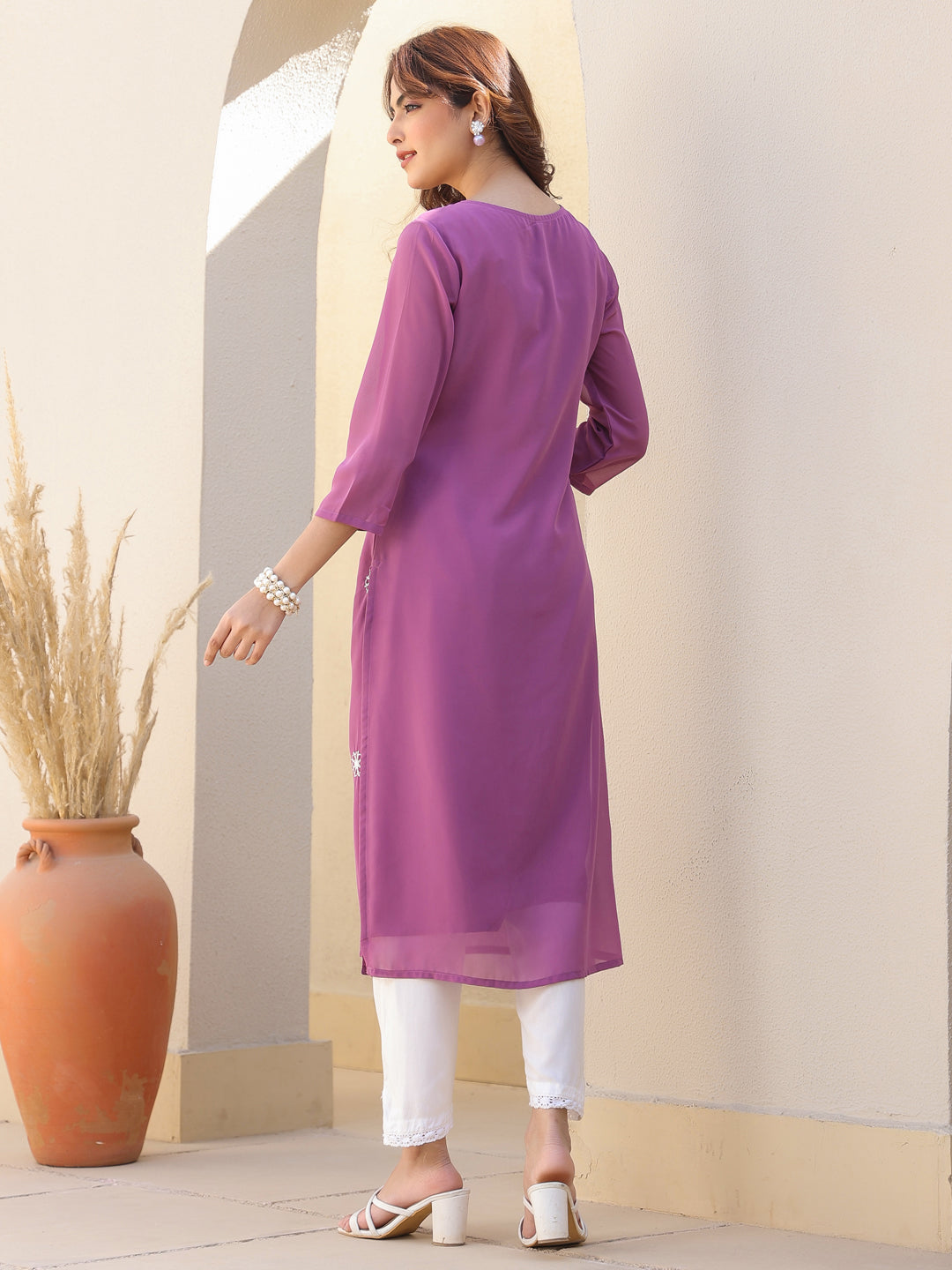 Lavender Georgette Embroidered Straight Kurta