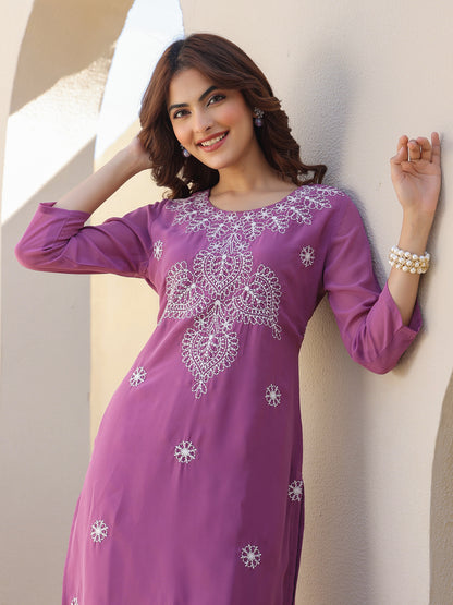 Lavender Georgette Embroidered Straight Kurta