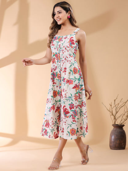 Off White Pure Cotton Floral Printed A-line Dress