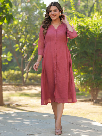 Mauve Dobby Chiffon Self Design A-Line Dress