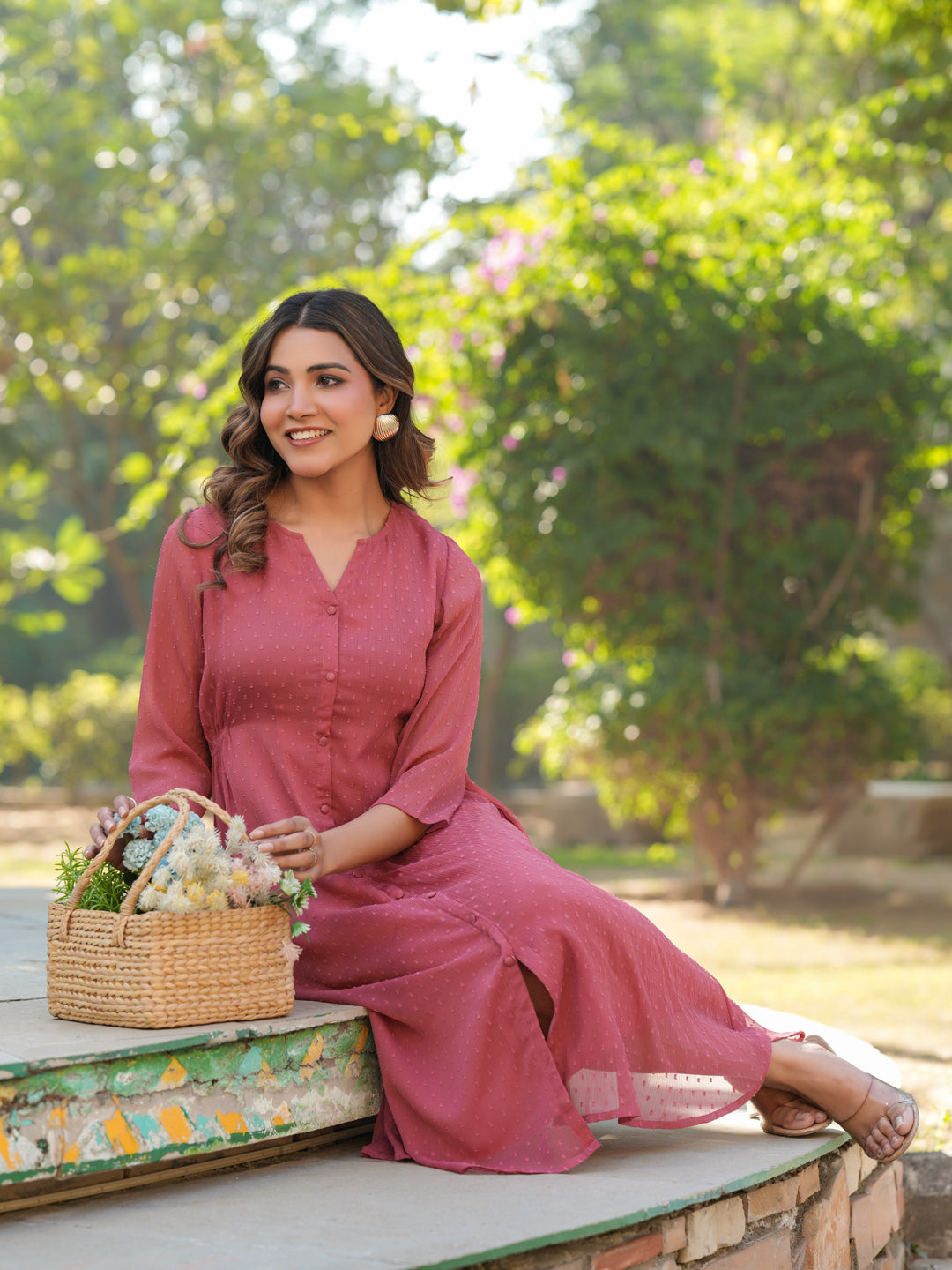 Mauve Dobby Chiffon Self Design A-Line Dress