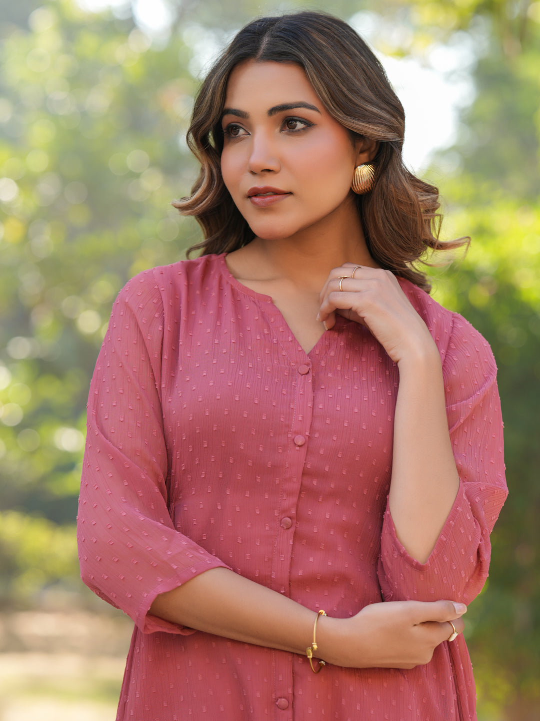 Mauve Dobby Chiffon Self Design A-Line Dress