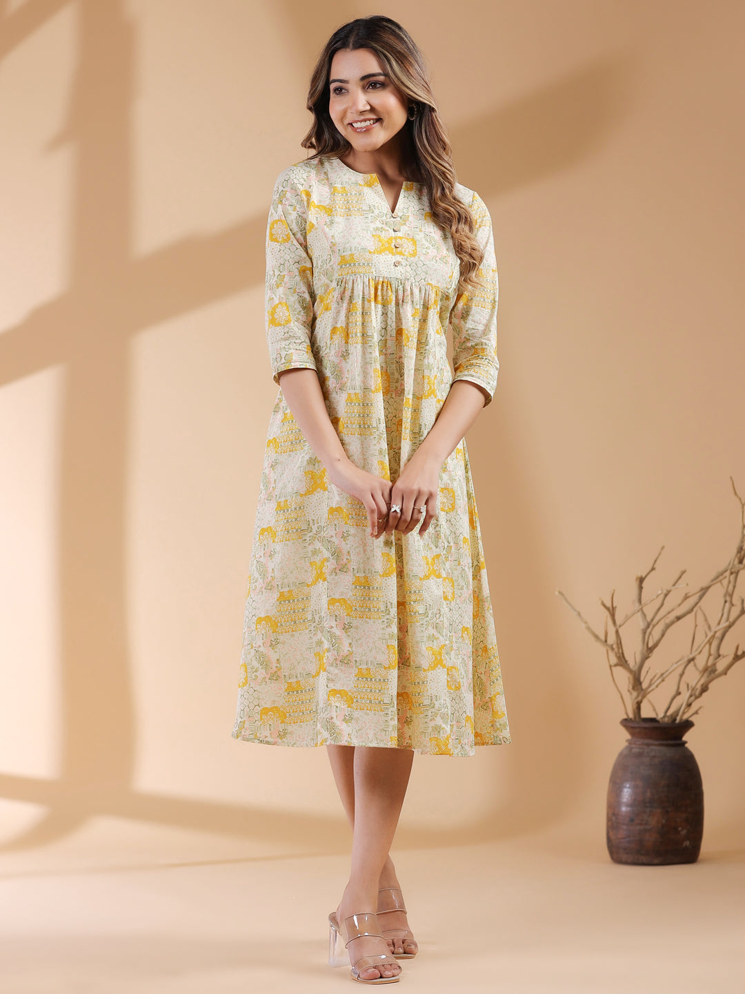 Mustard Pure Cotton Ethnic Motifs Printed A-line Dress