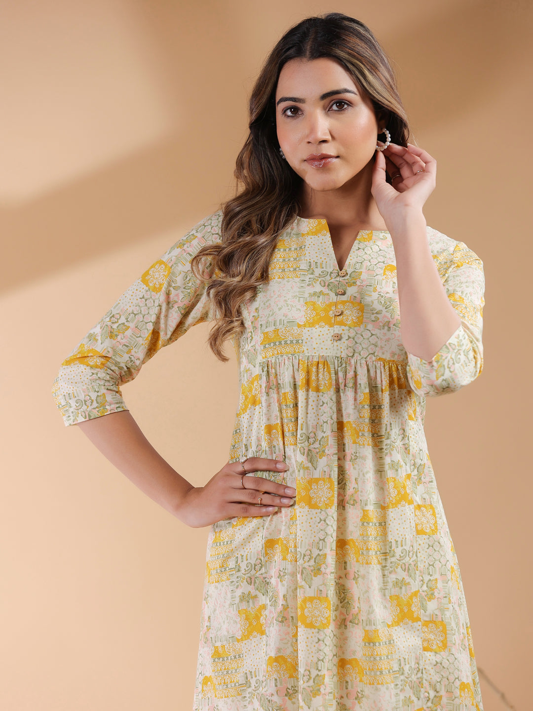 Mustard Pure Cotton Ethnic Motifs Printed A-line Dress