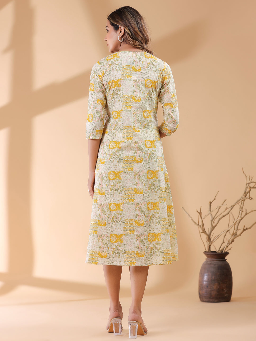Mustard Pure Cotton Ethnic Motifs Printed A-line Dress