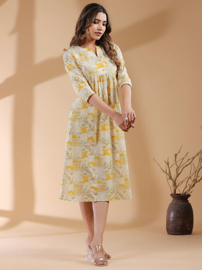 Mustard Pure Cotton Ethnic Motifs Printed A-line Dress