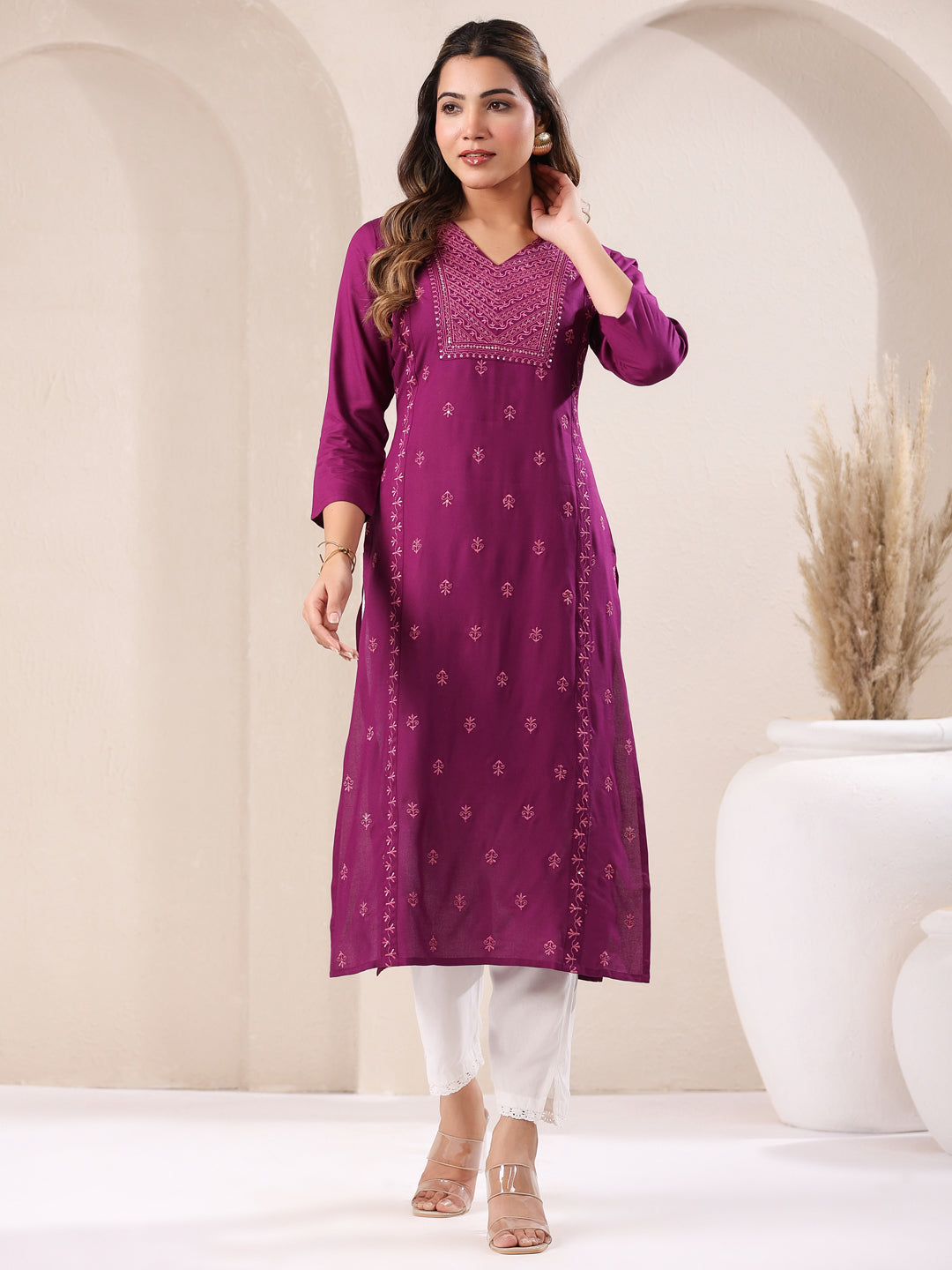 Purple Rayon Embroidered Straight Kurta