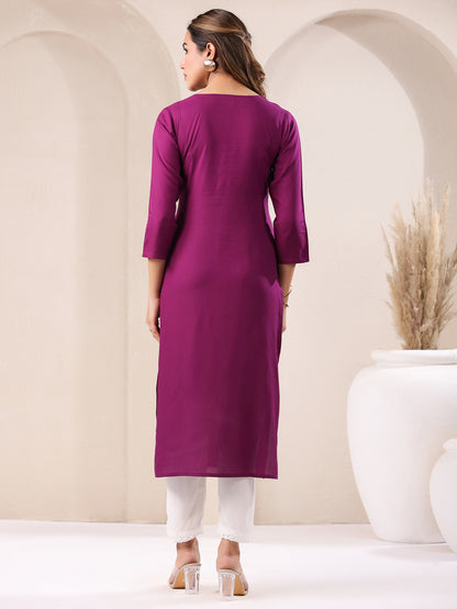 Purple Rayon Embroidered Straight Kurta
