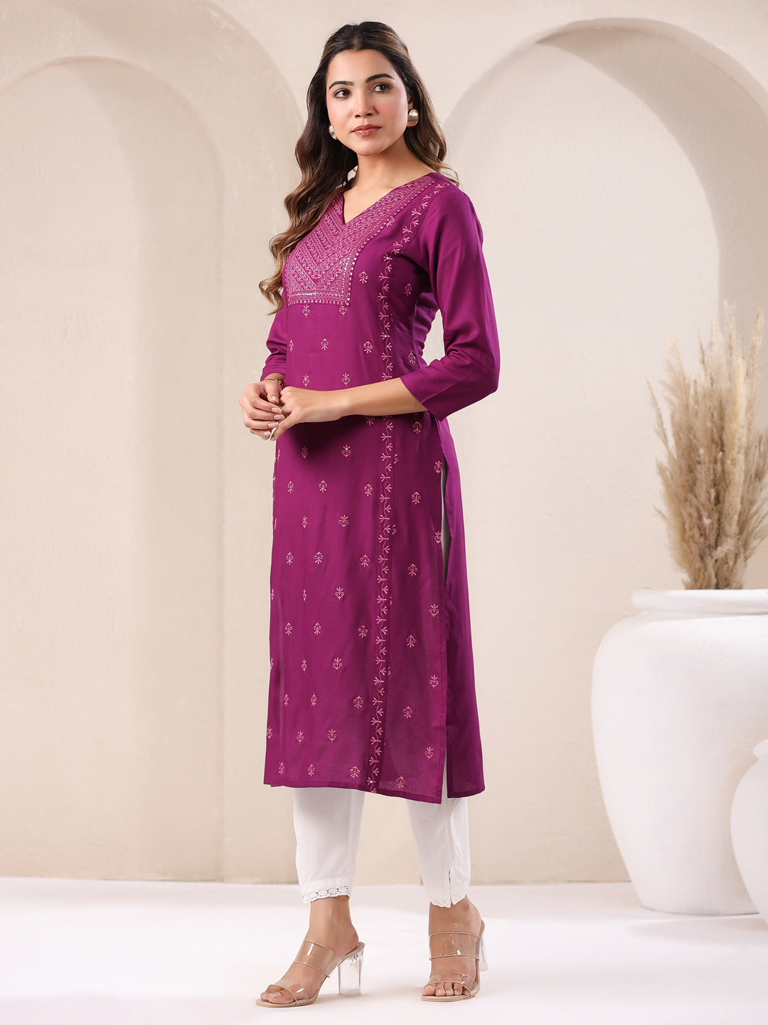 Purple Rayon Embroidered Straight Kurta