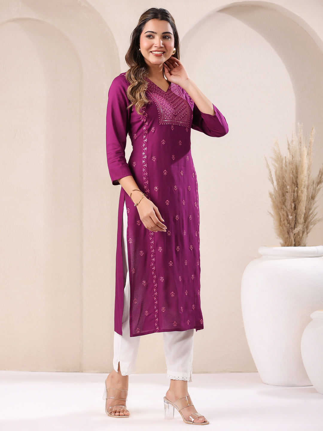 Purple Rayon Embroidered Straight Kurta