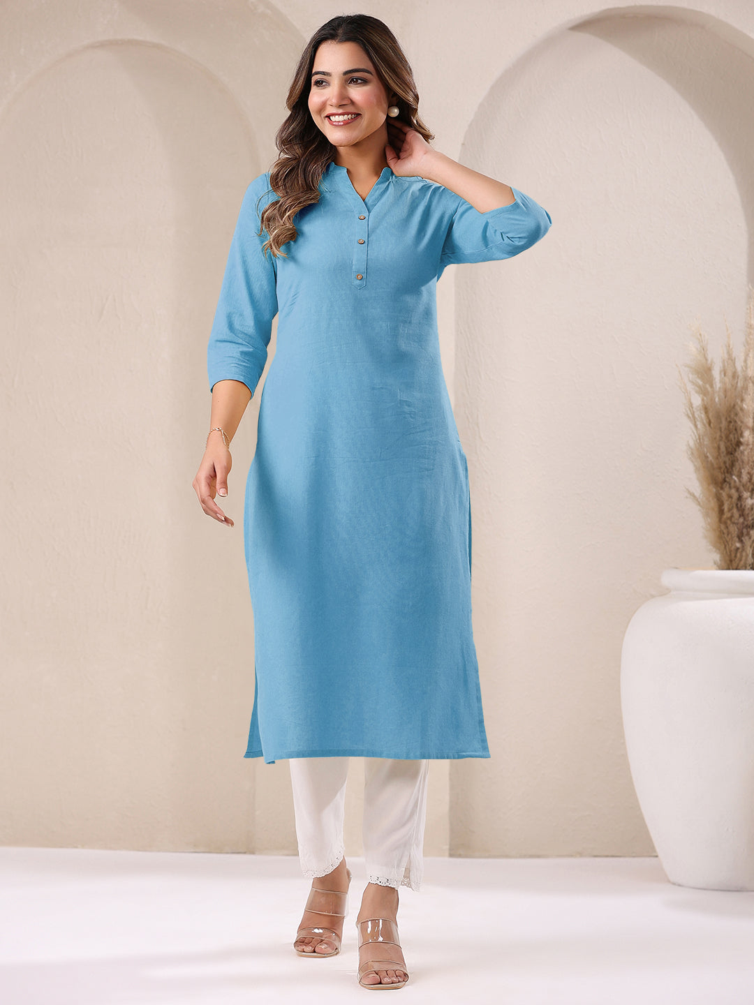 Light Blue Cotton Solid Straight Kurta