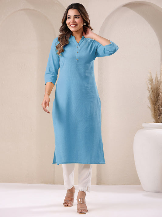 Light Blue Cotton Solid Straight Kurta