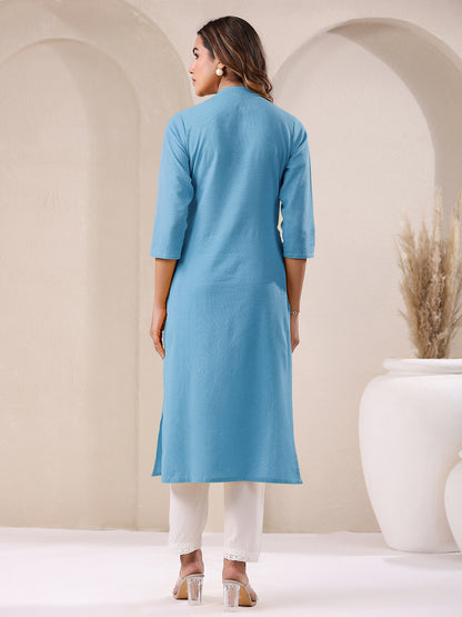 Light Blue Cotton Solid Straight Kurta