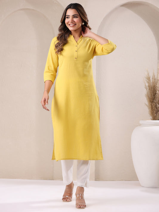 Yellow Cotton Solid Straight Kurta
