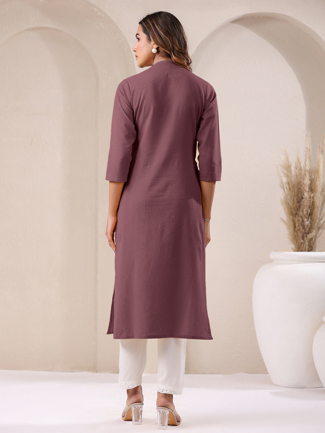 Mauve Cotton Solid Straight Kurta