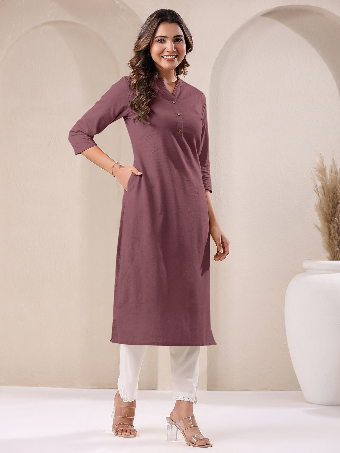 Mauve Cotton Solid Straight Kurta