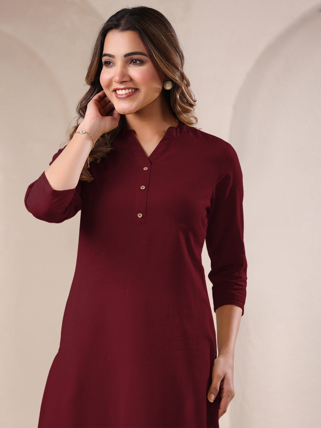 Maroon Cotton Solid Straight Kurta