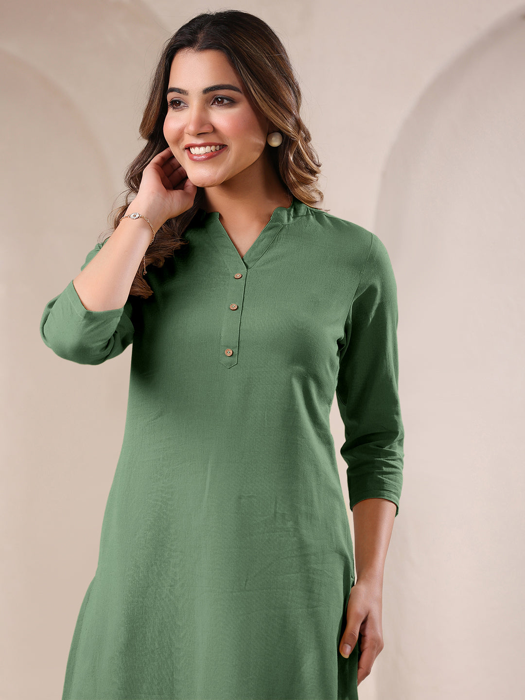 Green Cotton Solid Straight Kurta