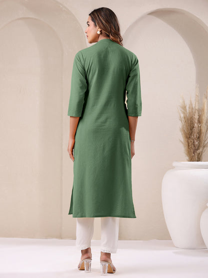 Green Cotton Solid Straight Kurta