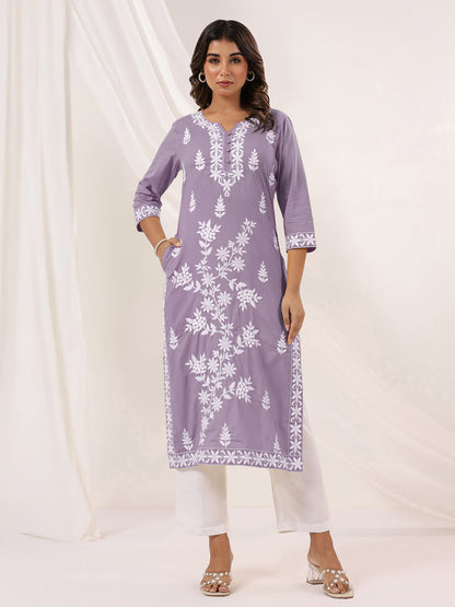 Janasya Women's Light Purple Pure Cotton Embroidered Straight Kurta