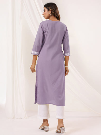 Janasya Women's Light Purple Pure Cotton Embroidered Straight Kurta