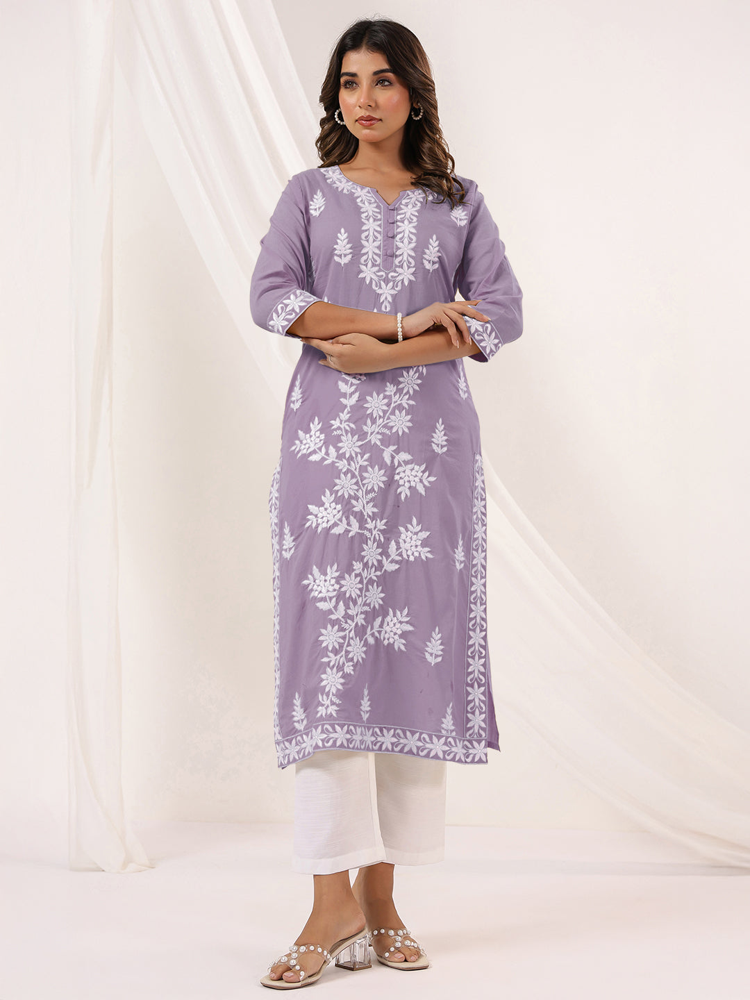 Janasya Women's Light Purple Pure Cotton Embroidered Straight Kurta