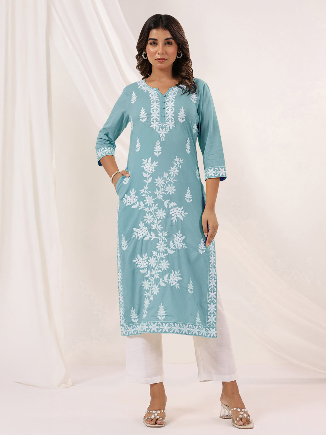 Janasya Women's Light Blue Pure Cotton Embroidered Straight Kurta