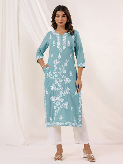 Janasya Women's Light Blue Pure Cotton Embroidered Straight Kurta