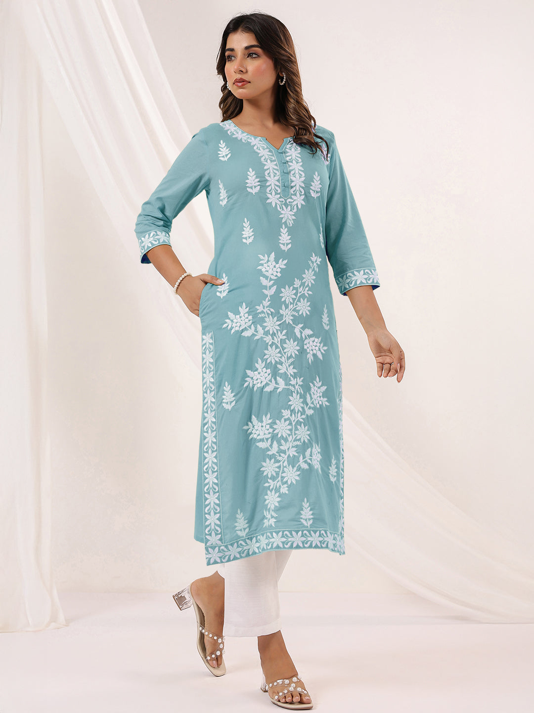 Janasya Women's Light Blue Pure Cotton Embroidered Straight Kurta