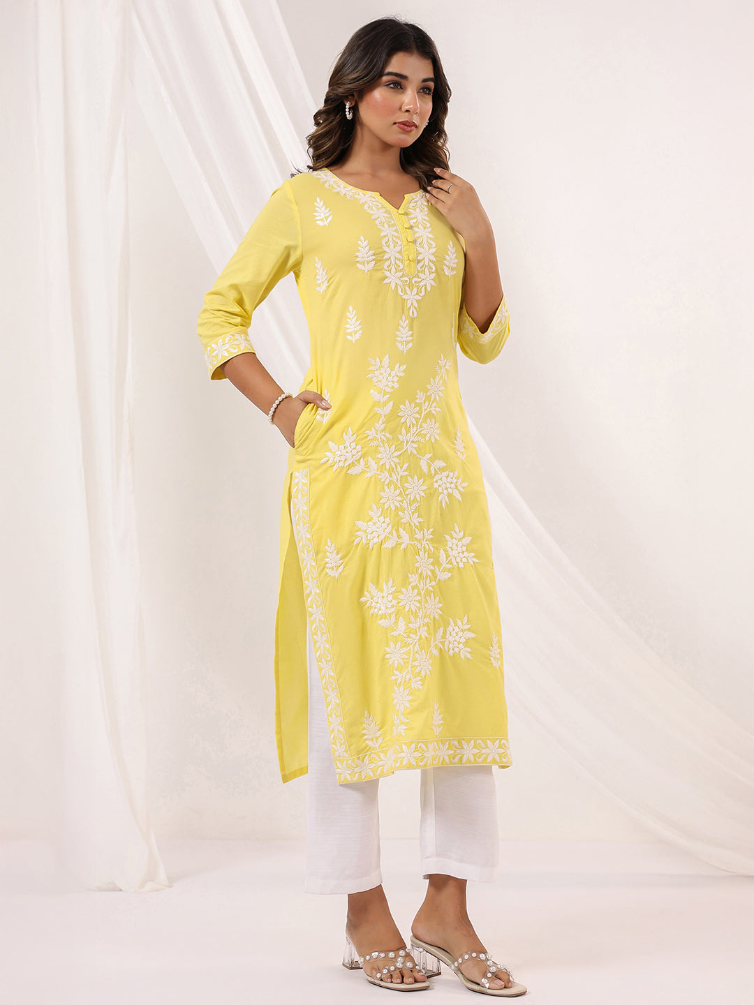 Janasya Women's Yellow Pure Cotton Embroidered Straight Kurta