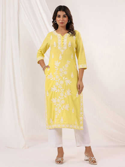 Janasya Women's Yellow Pure Cotton Embroidered Straight Kurta