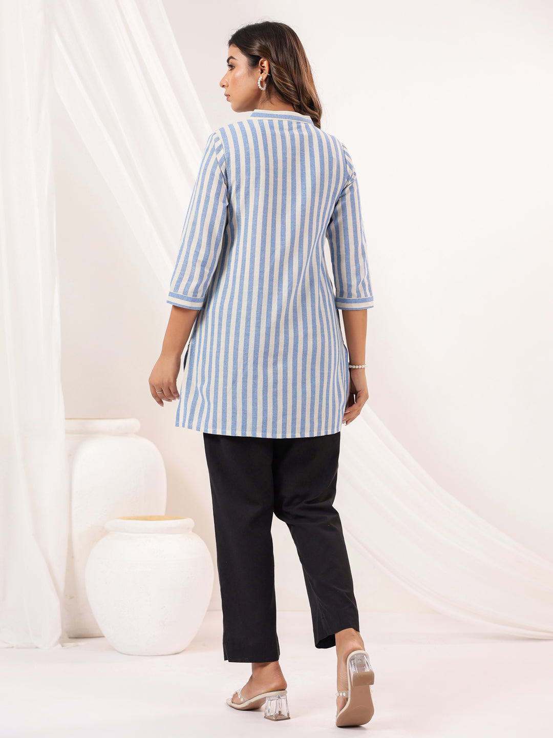 Janasya Women's White Cotton Striped Straight Short Kurti