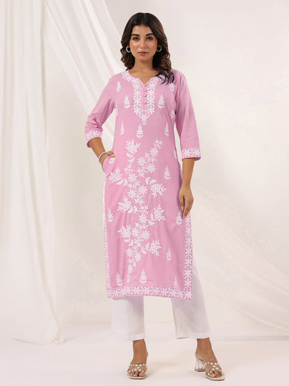 Janasya Women's Light Pink Pure Cotton Embroidered Straight Kurta