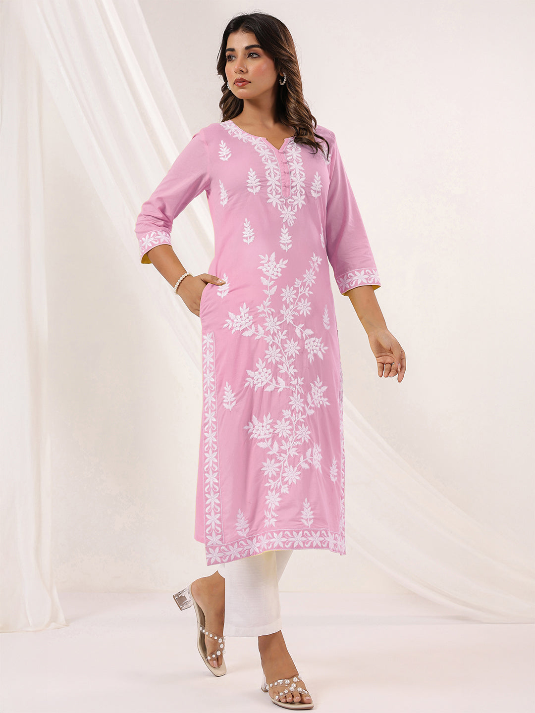 Janasya Women's Light Pink Pure Cotton Embroidered Straight Kurta