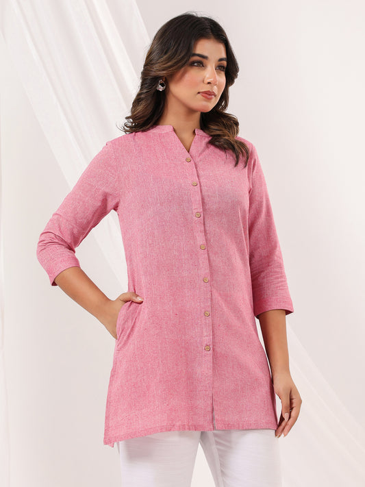 Janasya Women's Pink Cotton Solid Straight Short Kurti