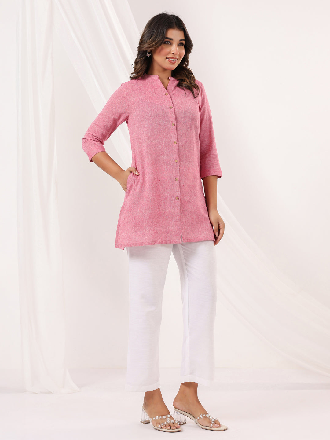 Janasya Women's Pink Cotton Solid Straight Short Kurti