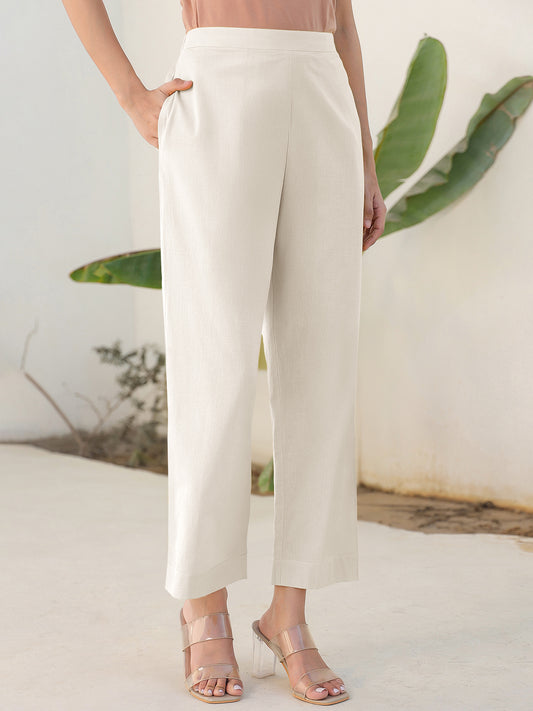 Off White Cotton Solid Staright Pant