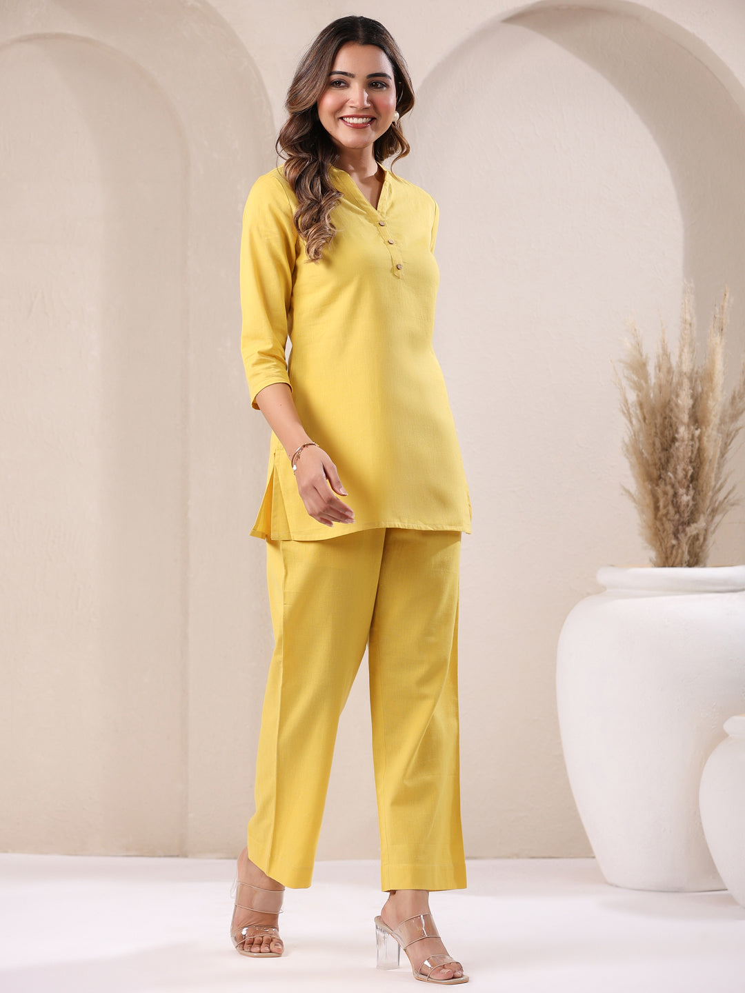 Yellow Cotton Solid Straight Pant