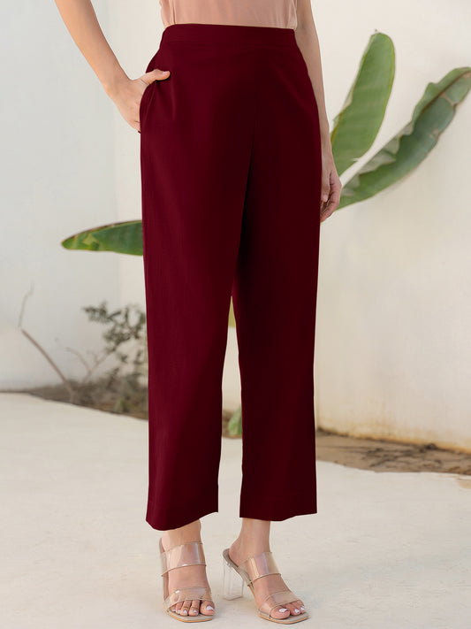 Maroon Cotton Blend Solid Straight Pant