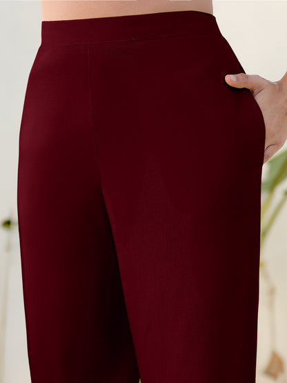 Maroon Cotton Blend Solid Straight Pant