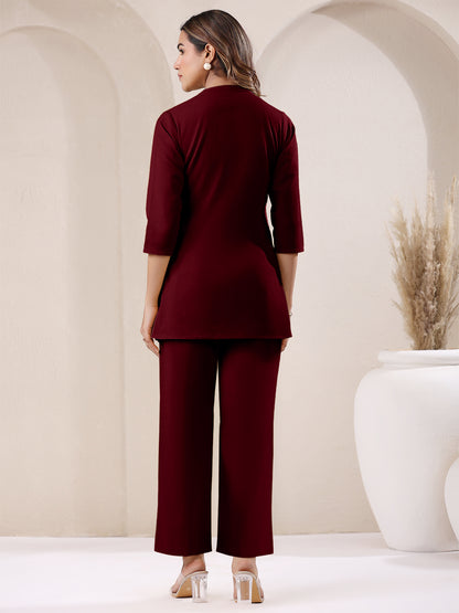Maroon Cotton Blend Solid Straight Pant