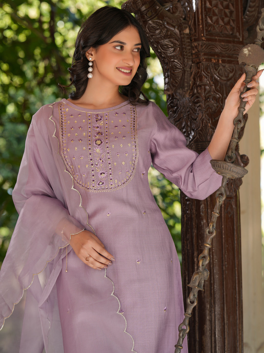 Lavender Silk Blend Embroidered Straight Kurta Set