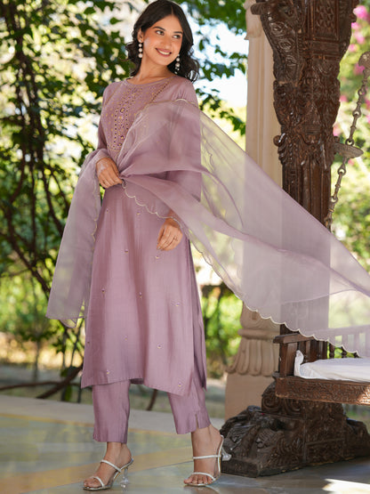 Lavender Silk Blend Embroidered Straight Kurta Set