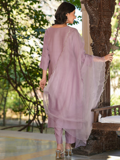 Lavender Silk Blend Embroidered Straight Kurta Set