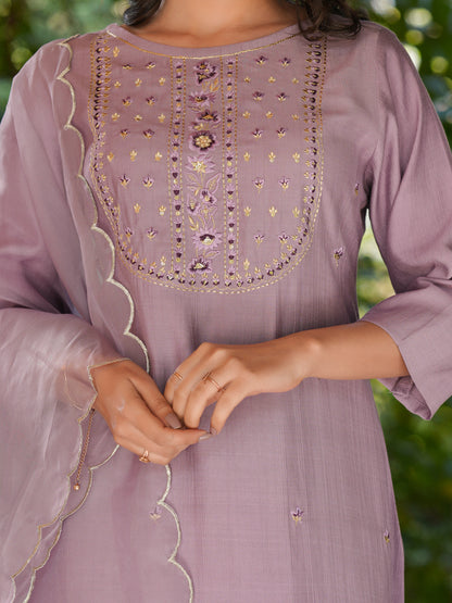 Lavender Silk Blend Embroidered Straight Kurta Set