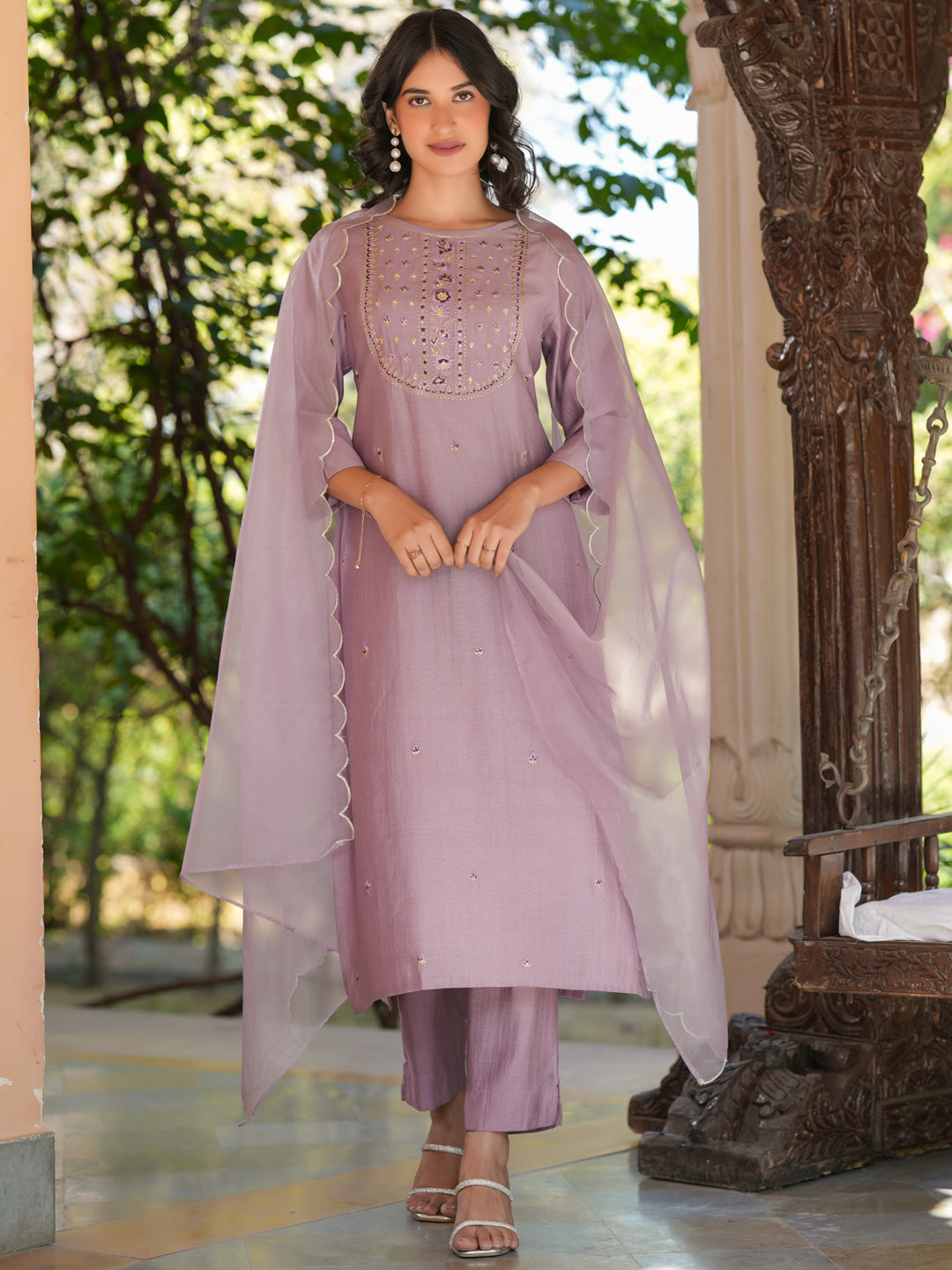 Lavender Silk Blend Embroidered Straight Kurta Set