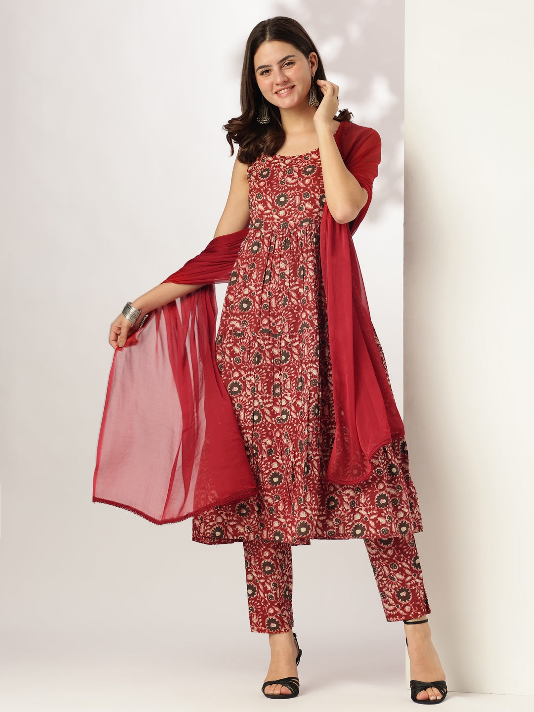 Maroon Pure Cotton Floral Printed Tiered Kurta Set