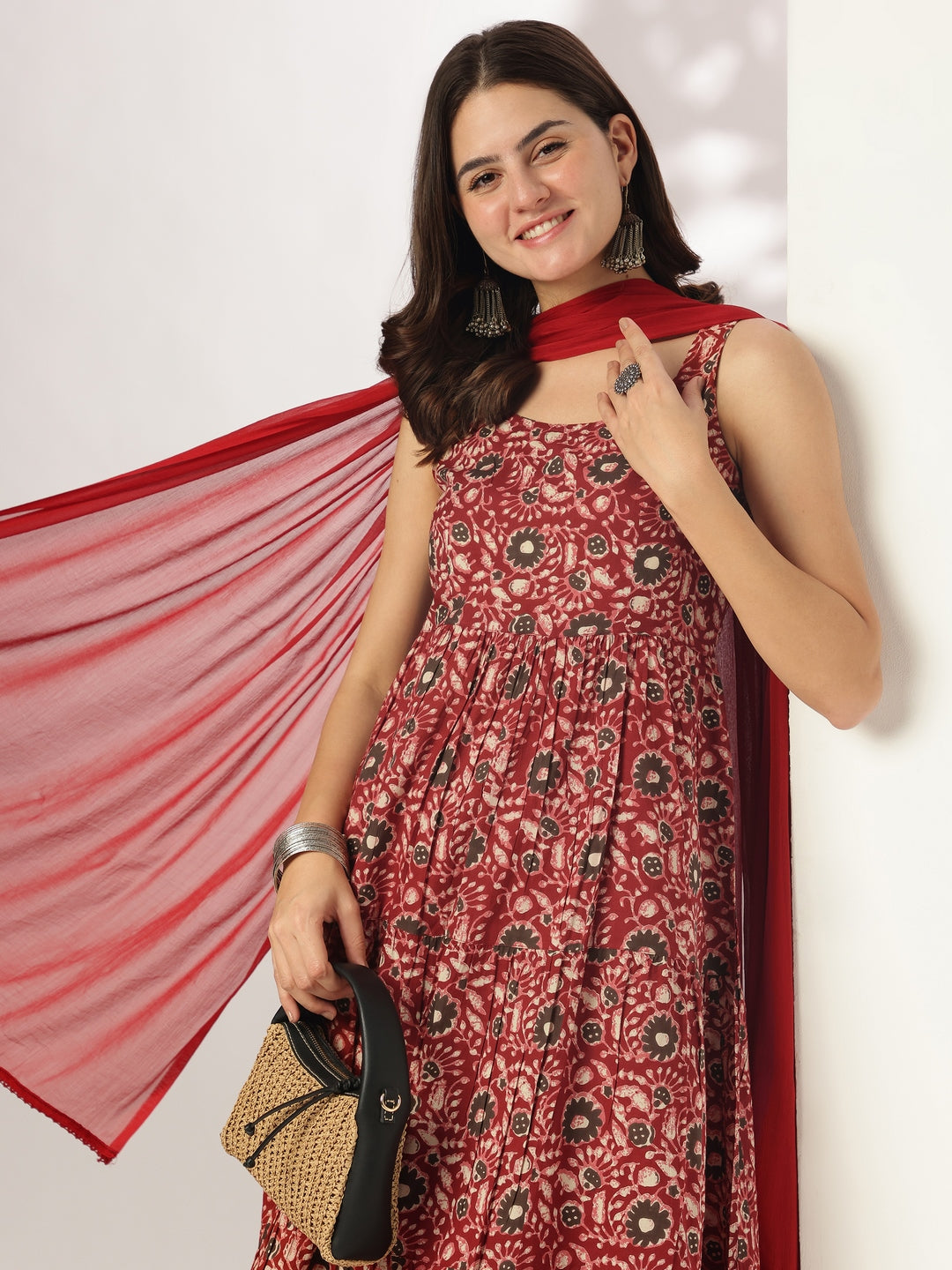 Maroon Pure Cotton Floral Printed Tiered Kurta Set