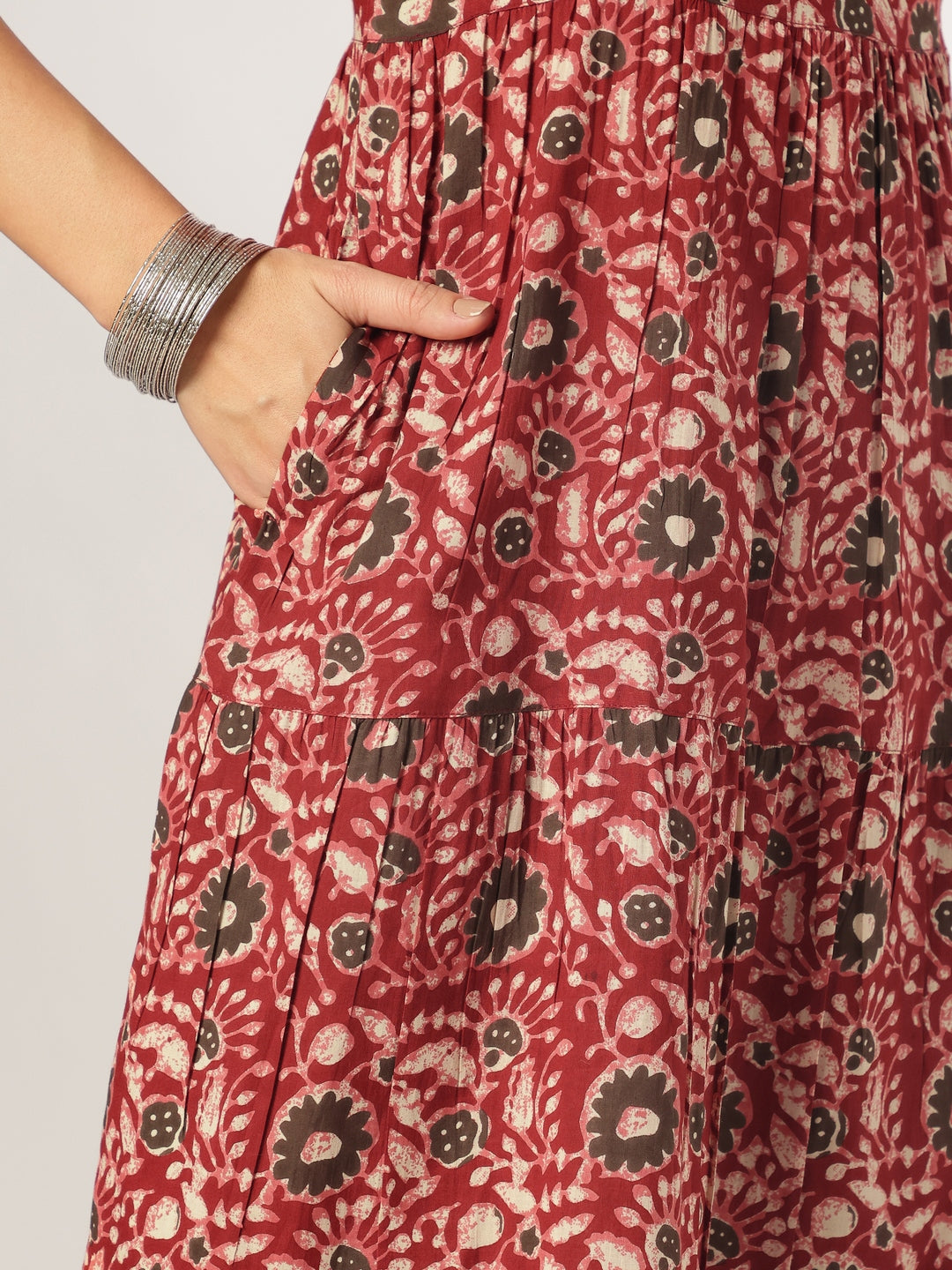 Maroon Pure Cotton Floral Printed Tiered Kurta Set