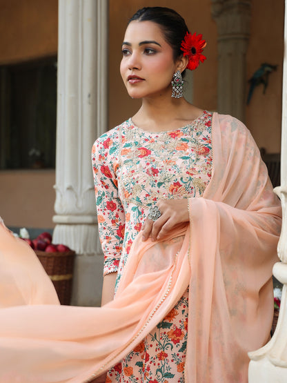 Peach Pure Cotton Floral Printed Yoke Embroidered Anarkali Kurta Set